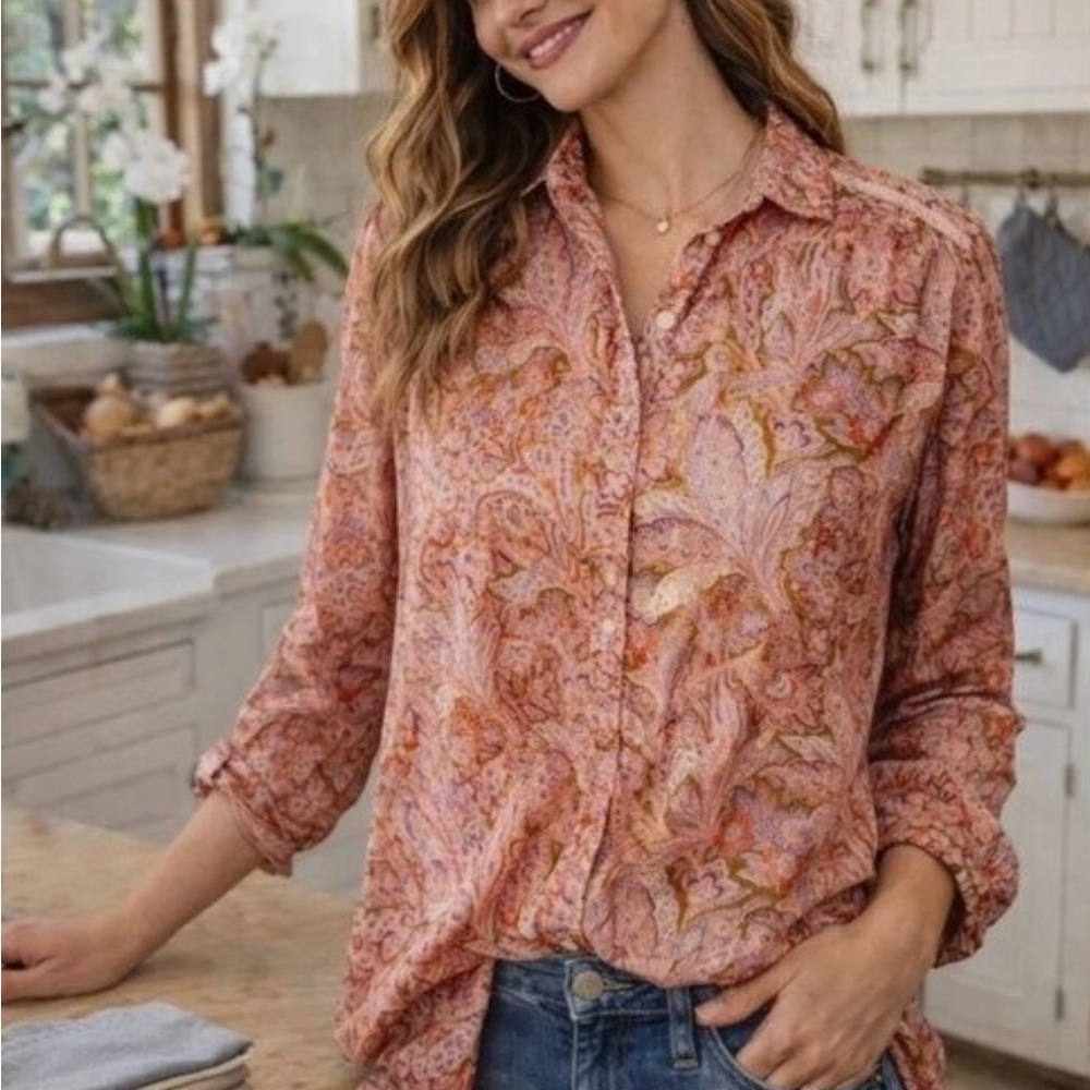 Sundance Poppy Bloom paisley print cotton blouse top in pink and orange - Picture 2 of 13